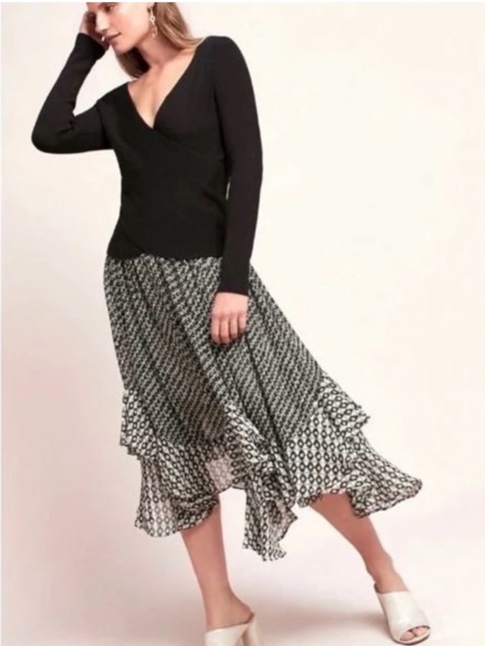 Anthropologie Akema and Kin Maxi Black & White Printed Ruffle Midi Skirt